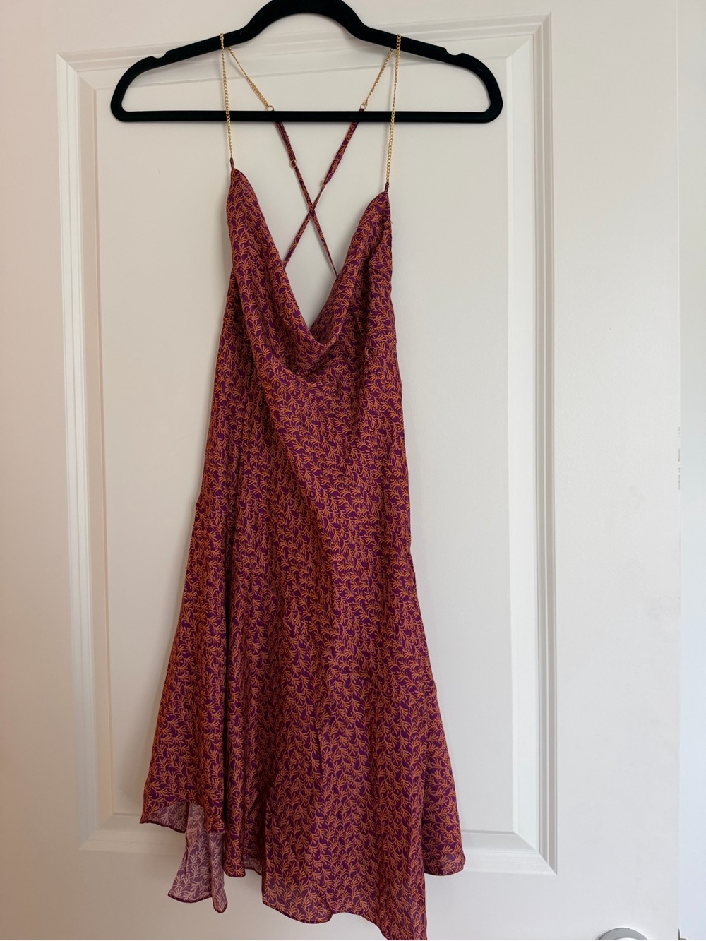 Pink Printed Slip Mini Dress with Gold Chain Straps